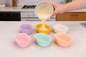 Mini stampi per dolci in silicone dai colori pastello durante il riempimento di impasto.