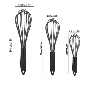 Set de batidor de huevos manual de silicona y acero inoxidable con 3 tamaños diferentes.