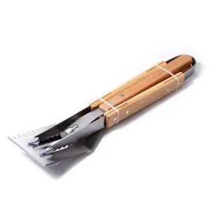Stainless steel BBQ tool set with wooden handle outdoor grilling spatula grill tongs combo