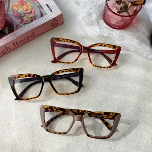 Detail view of trendy cat-eye optical glasses frames featuring chic tortoiseshell pattern.