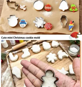 Stainless steel mini Christmas cookie molds set, baking pastry cutter tools for holiday treats.