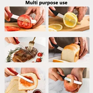 Multi-purpose stainless steel utility knife for cutting fruits, bread, and steak safely.