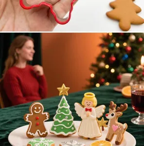 Christmas cookie cutter set detail view showing cute gingerbread man and tree shapes.