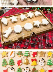 Stainless steel Christmas cookie molds set for baking gingerbread man and tree shapes.