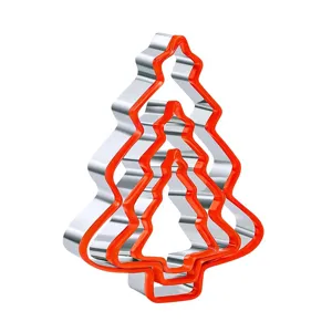 Detailed view of nesting stainless steel Christmas tree cookie cutters with bright red edges.