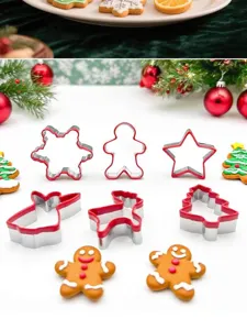 Detailed view of Christmas cookie cutters set with holiday shapes and festive baking props.