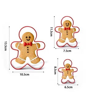 Stainless steel gingerbread man cookie cutter set with three sizes for fun holiday baking treats.