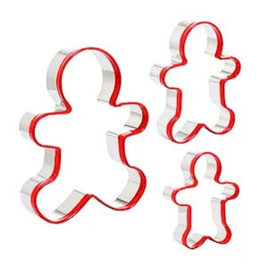 Stainless steel gingerbread man cookie cutter set with red protective edge for baking.