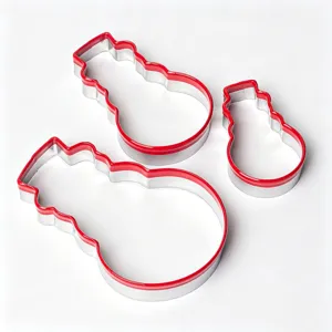 Stainless steel snowman cookie cutter set, baking mold detail view for Christmas treats.