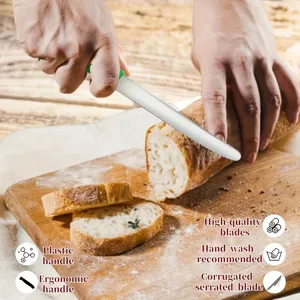 Stainless steel bread knife with ergonomic plastic handle, sharp serrated blade for cutting.