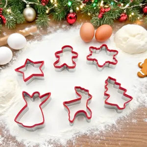 Christmas 6-piece stainless steel cookie cutter set, gingerbread man & tree shapes for baking.