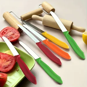 Stainless steel serrated fruit and steak knives with colorful plastic handles for kitchen use.