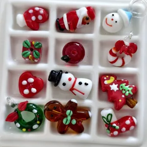 Christmas glass beads set, handmade cute Santa snowman charms DIY jewelry making accessories