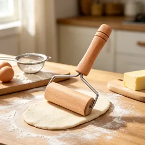 Buchenholz Teigroller mit Edelstahlgestell und ergonomischem Griff zum Backen daheim.