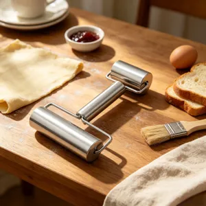 Detailansicht des Teigrollers aus Edelstahl, Doppelrollen-Design für einfaches Backen und Teig.
