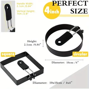 Non-stick egg frying ring set with anti-scald handle, square and round molds for cooking.