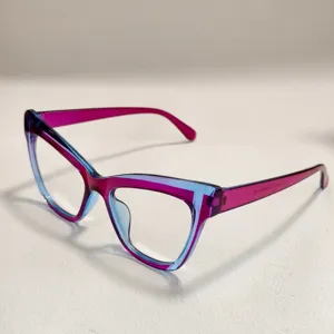 Vista detallada de una montura de gafas ojo de gato degradada moderna y elegante.