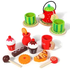 Set di giocattoli di simulazione di tè pomeridiano per bambini in legno con teiera e tazze.