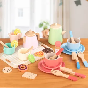 Wooden afternoon tea toy set for girls, simulation kitchen tea set and dessert play toys.