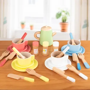 Wooden afternoon tea toy set for kids pretend play kitchen tea pot cups birthday gifts