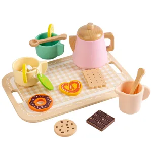 Wooden afternoon tea toy set for girls, simulation teapot, cups, and kitchen play food.