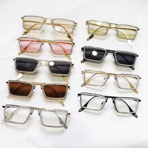 Fashion square rhinestone sunglasses for women, luxury metal frame sparkling diamond eyewear.