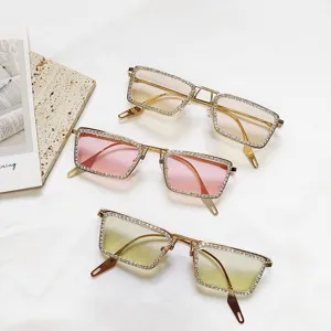 Fashion square rhinestone sunglasses with gradient lenses, chic metal frame women's eyewear.