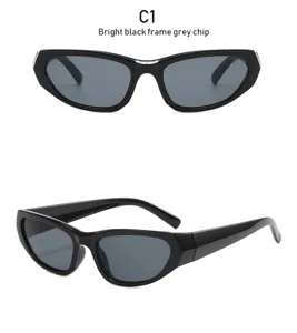 Y2K futuristic punk sports sunglasses detail view showcasing bright black frame and grey lens.