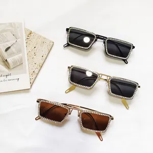 Women fashion rhinestone square sunglasses detailed view, trendy luxury eyewear showcase display.