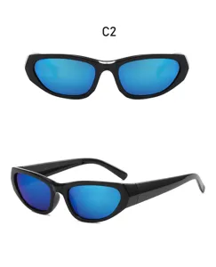 Y2K futuristic sunglasses with bold black frames and stylish blue lenses. Unisex wear.