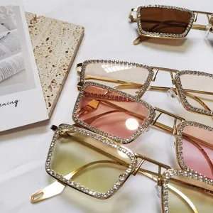 Chic square rhinestone sunglasses with colorful gradient lenses for women fashion trend.