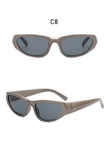 Y2K futuristic cyberpunk sunglasses, metallic frame, dark lenses, detailed product view.