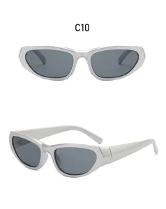 Futuristic Y2K sunglasses with thick silver frames and dark lenses for trendy outfits.