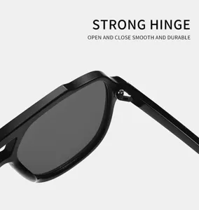 Détail de lunettes de soleil soulignant la charnière robuste, durable et ouverture fluide.