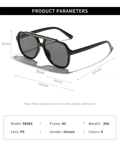 Détails des dimensions et paramètres techniques pour les lunettes de soleil noires modèle 98082.