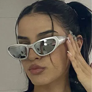 Futuristic Y2K narrow wrap sunglasses for women, punk metal frame cyberpunk shades cool.