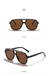 Gros plan sur les détails des lunettes de soleil noires avec verres marron et barre métal.