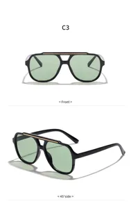 Vue détaillée de lunettes de soleil tendance à monture noire et verres verts.