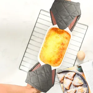 Heat-resistant silicone and fabric oven mitts showing grip detail during baking use.