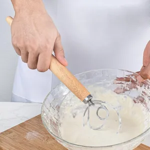 Batidor de masa danés con mango de madera acero inoxidable herramienta para cocina.