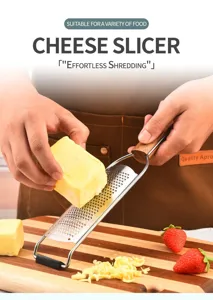 Stainless steel cheese grater with ergonomic wood handle for kitchen, durable food shredder tool.