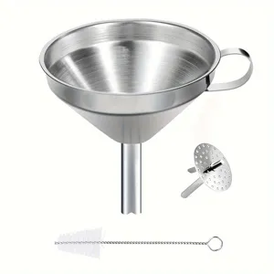 Stainless steel kitchen funnel set with strainer filter and cleaning brush detail view.