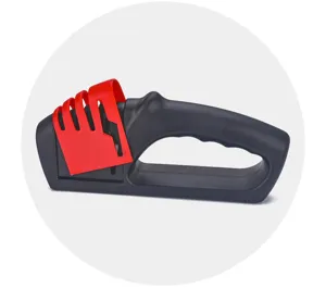 Handheld kitchen knife sharpener detail, multi-functional tool for scissors and blades sharpening.
