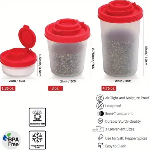 Mini saupoudroire à épices en plastique avec couvercle rouge, idéal pour sel et poivre.