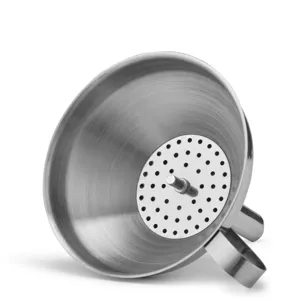 Close-up detail of stainless steel kitchen funnel with mesh filter strainer for oil and liquid.