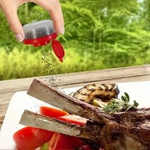 Vue détaillée montrant la mini saupoudreuse de sel et poivre en action sur des côtes grillées.