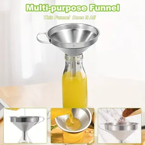 Stainless steel kitchen funnel with handle and filter for oil and liquid pouring.