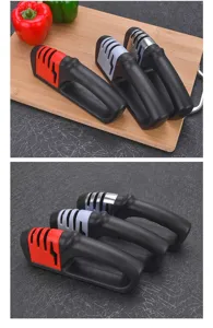 Multi-functional kitchen knife sharpener detail view showing multi-color portable sharpening tool.
