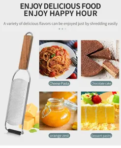 Stainless steel cheese grater detail showing wood handle and food grating application scenes.