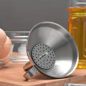 Stainless steel kitchen funnel detail view, durable multi-functional liquid filter tool.